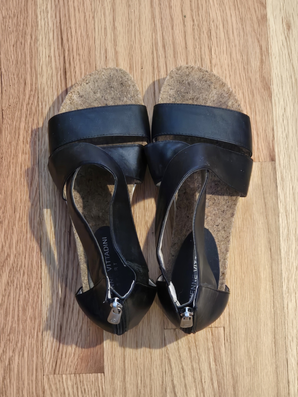 Adrienne Vittadini Black Cork Wedge Sandals with Back Zip